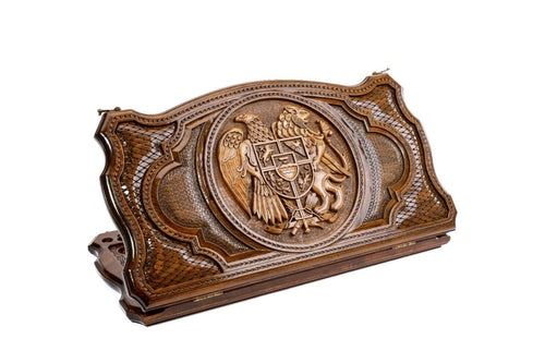 Two sided wooden backgammon board Armenia and Argentina coat of arms design
