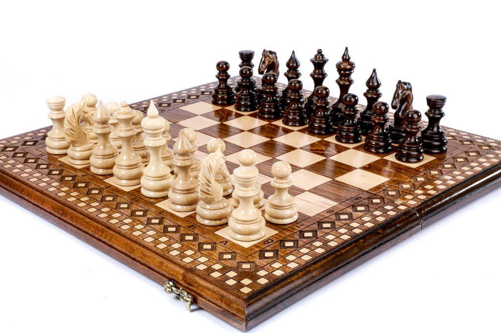 Handcrafted wooden chess set and wooden backgammon Armenian themed design