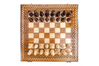 Carpet Pattern chess and backgammon set - close-up of hand-carved chess pieces
