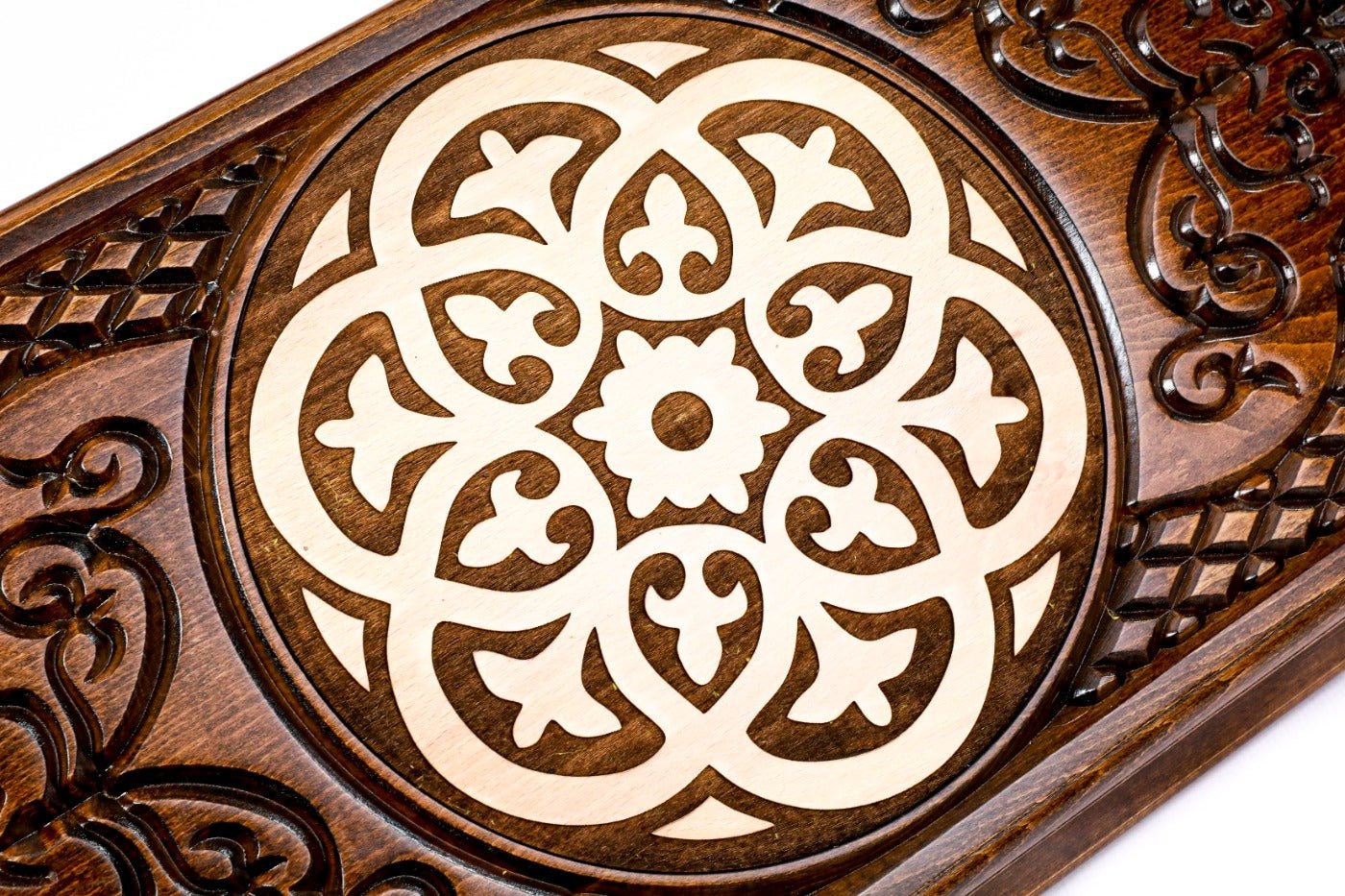 Large wooden backgammon set with carved ornamental detailing