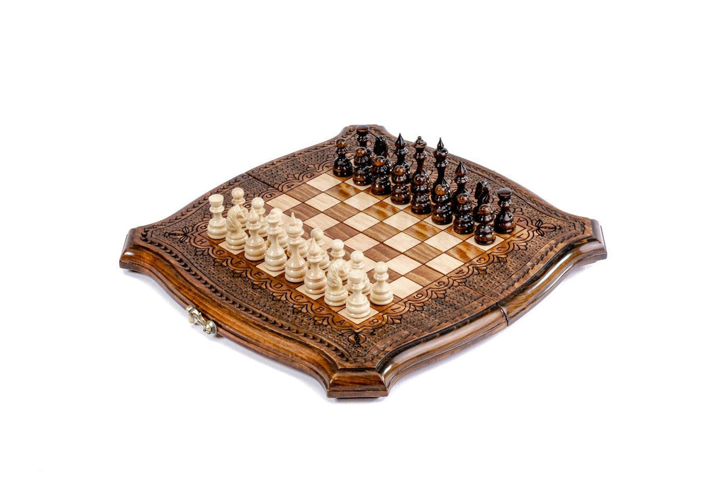 Ornamental wooden chess set and backgammon board with contour outline beech wood compact set