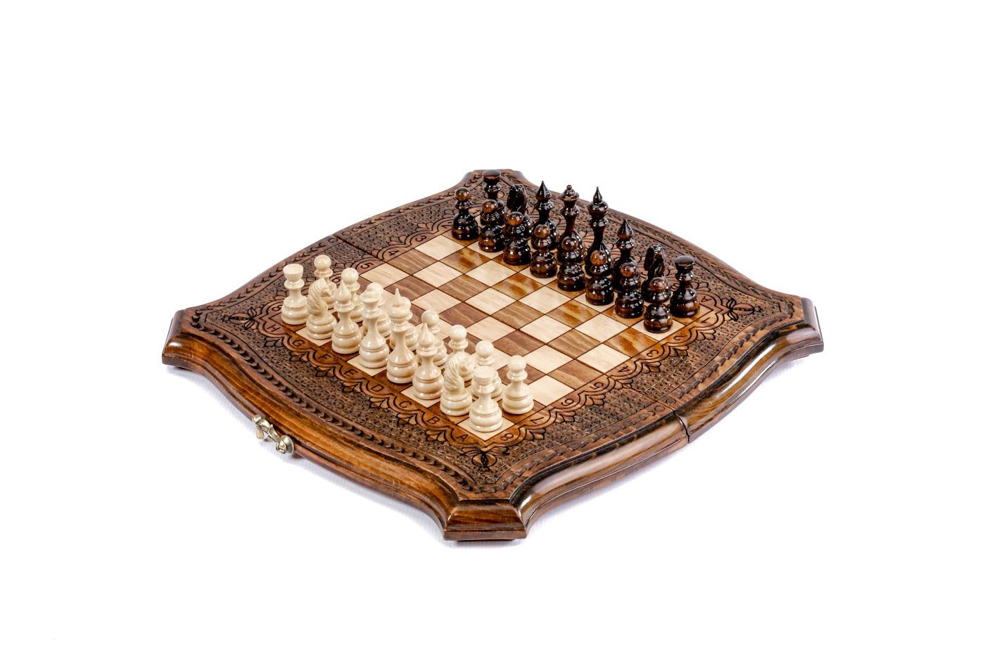 Ornamental wooden chess set and backgammon board with contour outline beech wood compact set