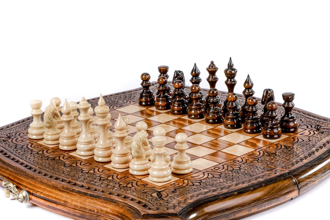 Handcrafted 11.8 inch chess board with decorative carving and framed border design