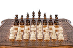 Carved Ornamental chess and backgammon set - chess pieces set up for play