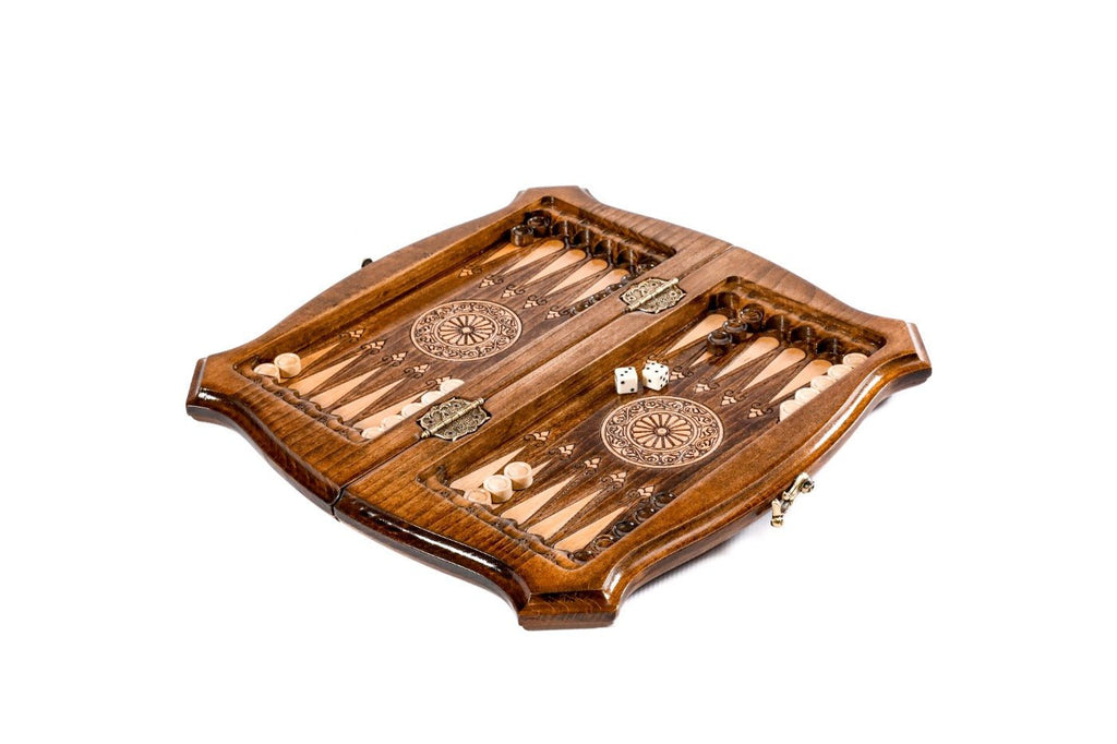 Beech wood chess and backgammon set ornamental pattern compact artisan board