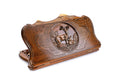 A frontal perspective of the closed wooden backgammon board showcasing the elegant deer carving and Mount Ararat silhouette.