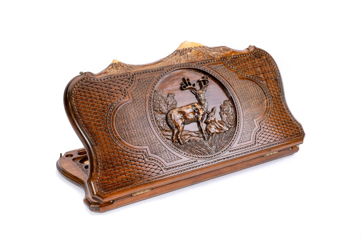 A frontal perspective of the closed wooden backgammon board showcasing the elegant deer carving and Mount Ararat silhouette.