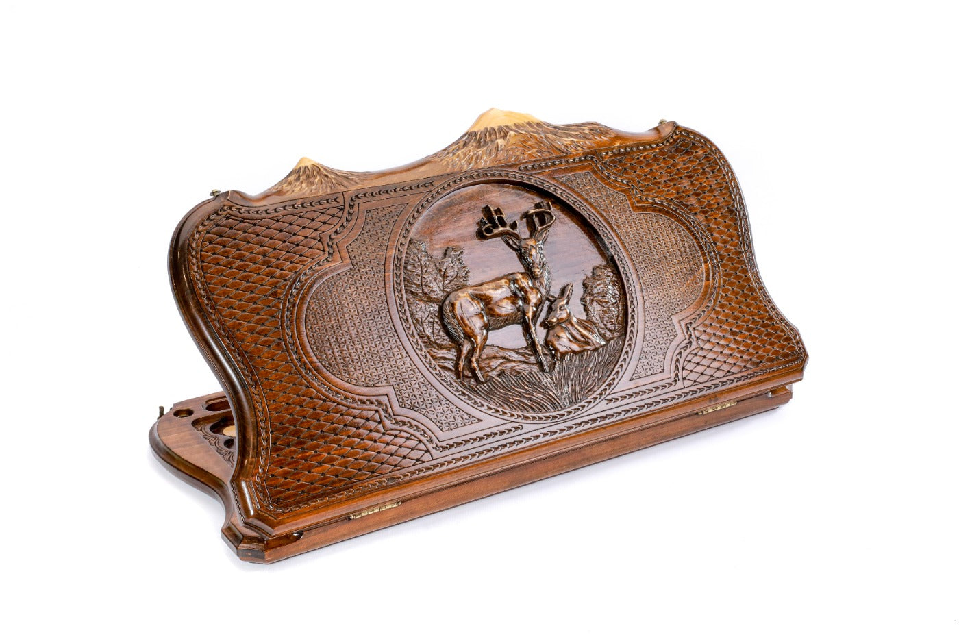 A frontal perspective of the closed wooden backgammon board showcasing the elegant deer carving and Mount Ararat silhouette.