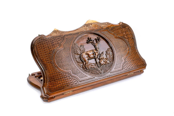 A frontal perspective of the closed wooden backgammon board showcasing the elegant deer carving and Mount Ararat silhouette.