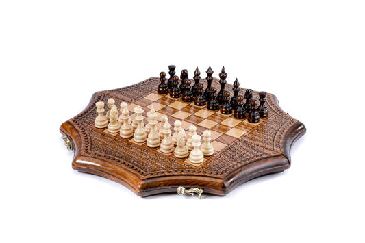 star shaped wooden chess set geometric board