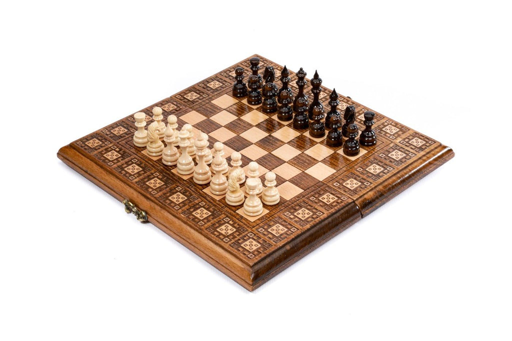 Compact wooden chess set and backgammon board with carpet classic pattern beech wood