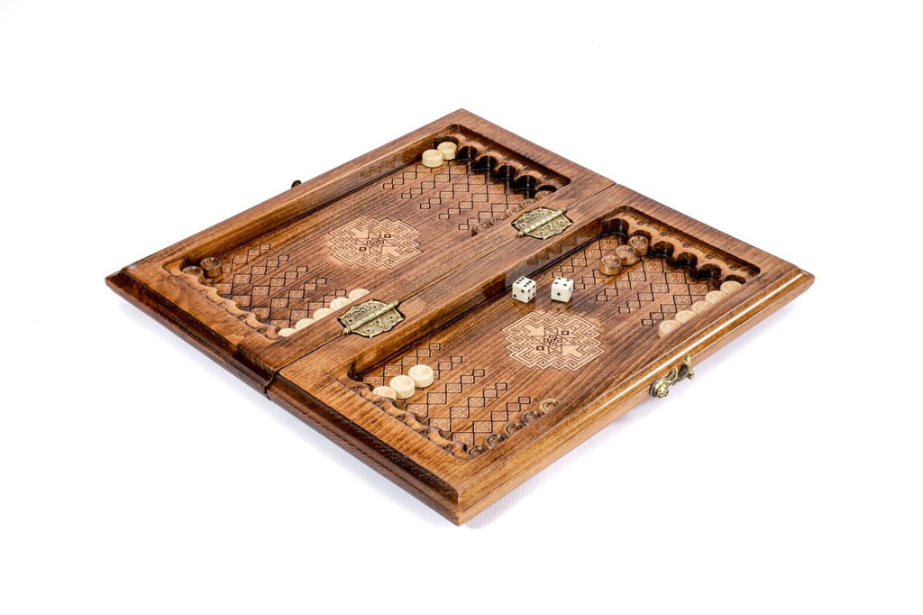 Beech wood chess and backgammon compact set ornamental carpet inspired pattern board
