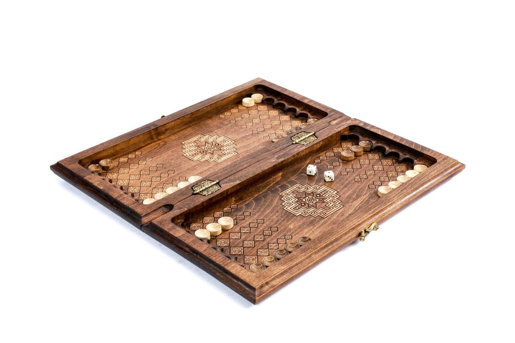 Beech wood chess and backgammon set traditional carpet inspired compact board
