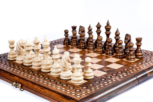 Handcrafted chess board with ornamental carpet style carving 2-in-1 set