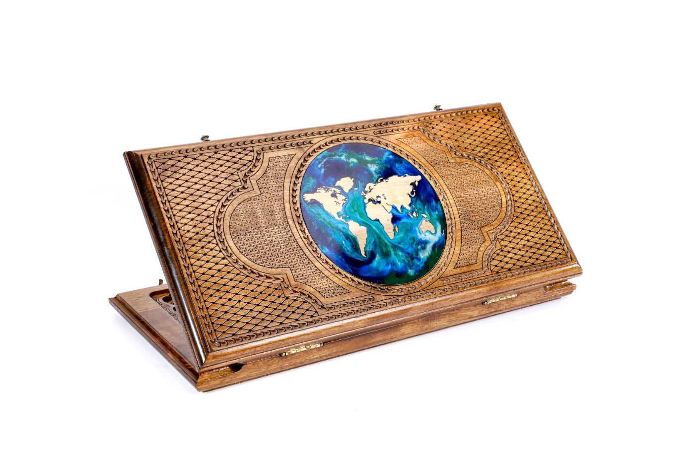 World map epoxy wooden backgammon board handcrafted luxury design