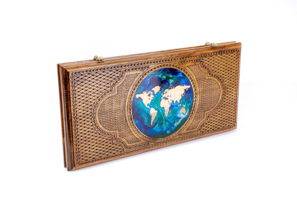 Premium handcrafted wooden backgammon board global map design with epoxy