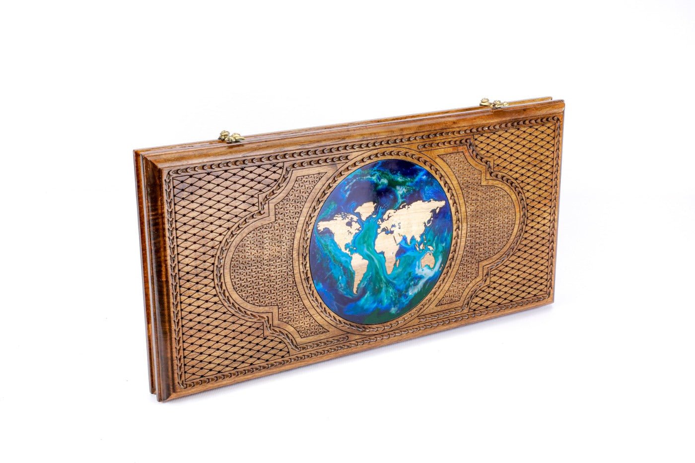 Premium handcrafted wooden backgammon board global map design with epoxy