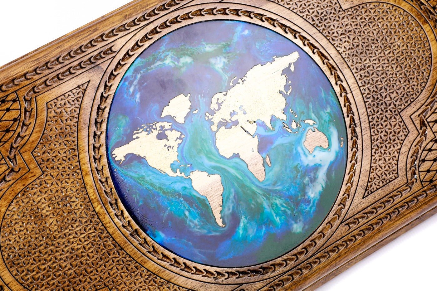 Luxury backgammon board with world map artistic epoxy resin pattern