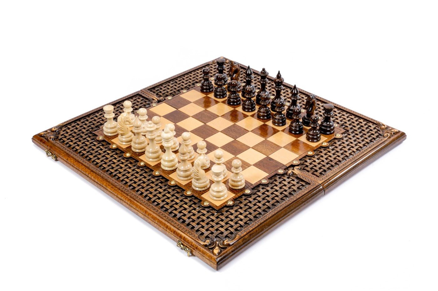 Luxury Armenian chess and backgammon set with ornamental braid pattern