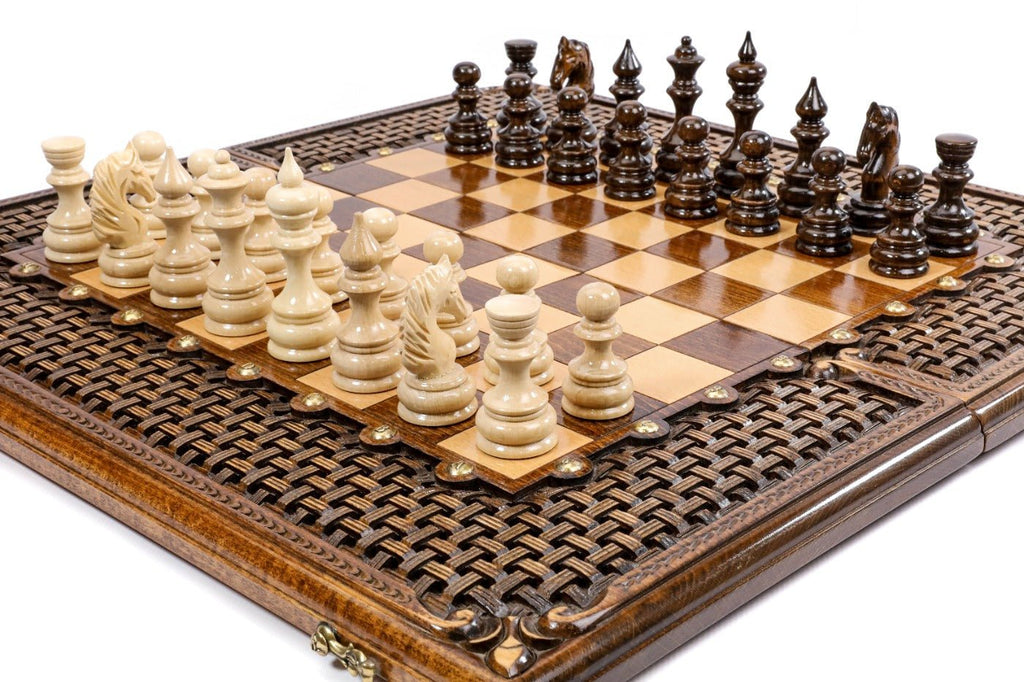 Handcrafted Armenian wooden chess board and backgammon decorative style