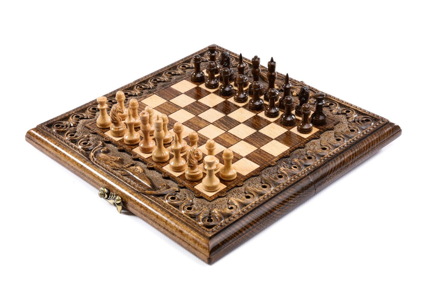 Compact handmade chess and backgammon set with ornamental pattern design 11.8 inch
