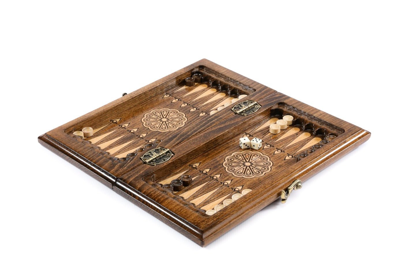 Small handcrafted chess set with ornamental artwork and integrated backgammon board