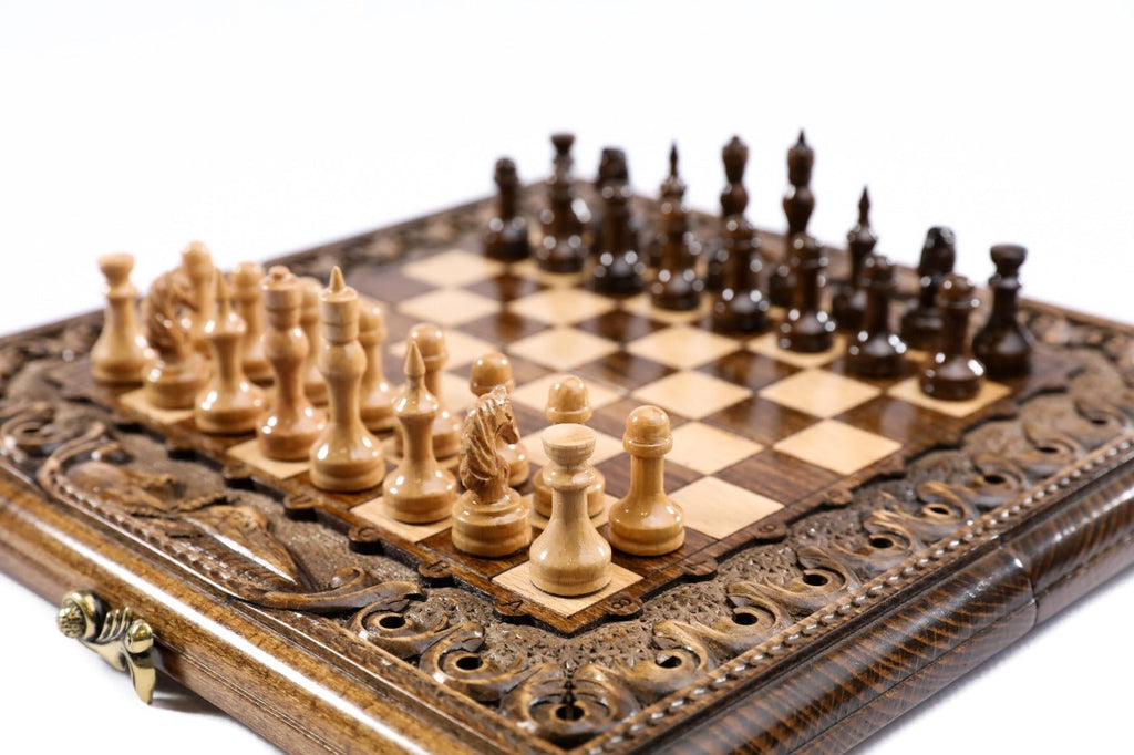 Wooden chess board featuring decorative carved patterns and fine craftsmanship