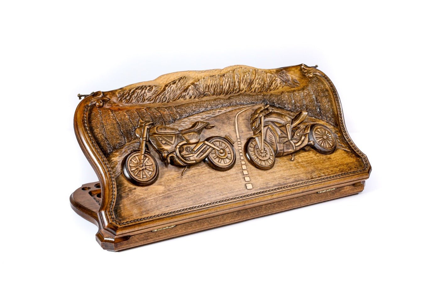 Two sided wooden backgammon board city and motorcycle mountain contour design