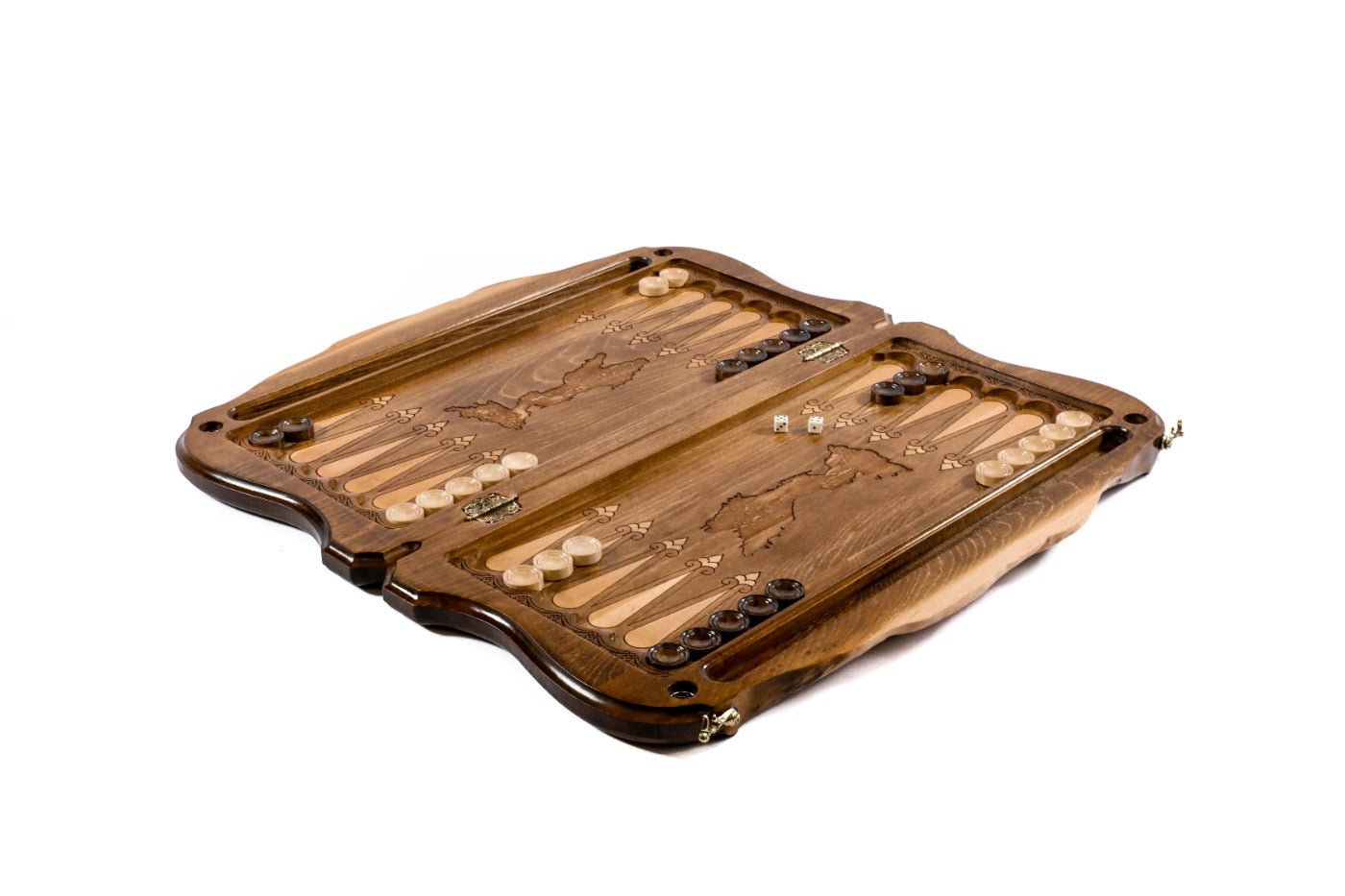Premium wooden backgammon board with city motorcycle and mountain outline artwork