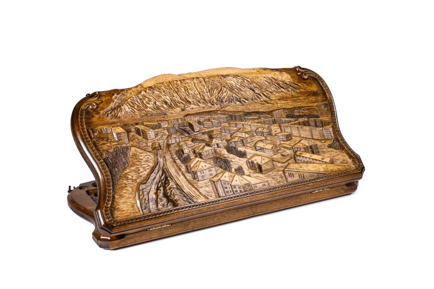 Luxury backgammon board urban and travel themed handcrafted wooden design
