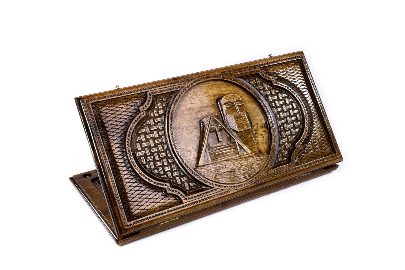 A frontal shot of the closed Artsakh classic backgammon board showing the complex Tatik-Papik and lace relief carvings.
