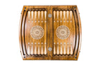 Ornamental Braid Pattern Arch Style backgammon board - playing pieces and dice arranged on the board