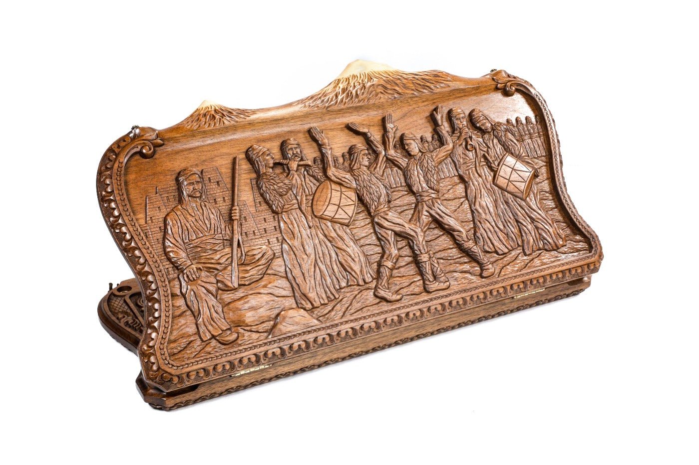 Closed "Dance of Sassoun" backgammon board showing hand-carved dancers and the Mount Ararat outline.