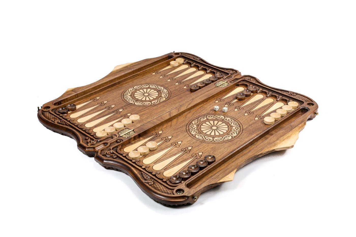 Interior view of the open board highlighting the mirror-polished playing field and precision pips.