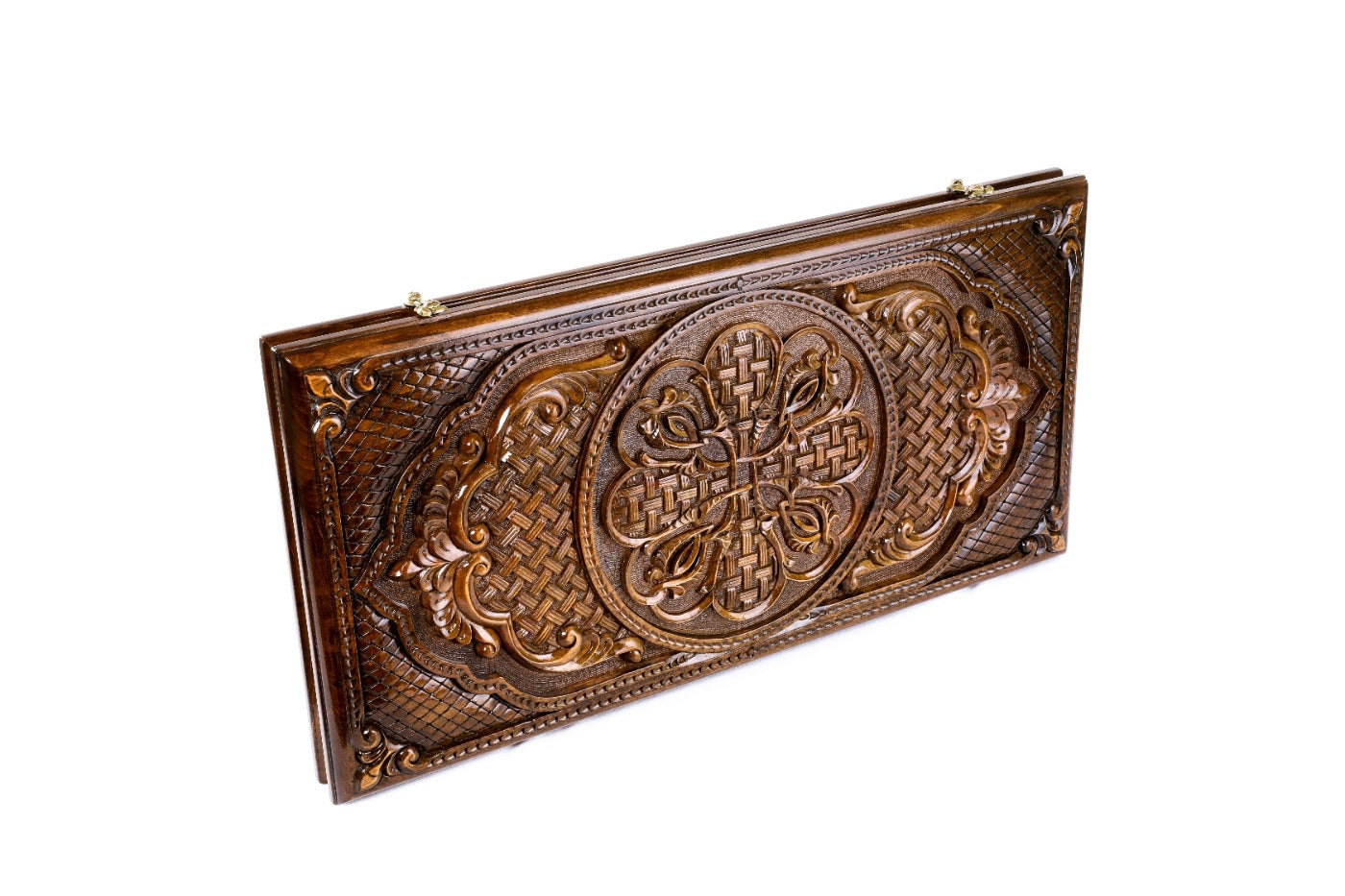 A close-up of the bas-relief textures, showcasing the delicate depth and precision of the traditional Armenian patterns in solid wood.