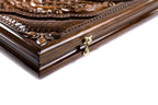 Ornamental Bas Relief backgammon board - playing pieces and dice arranged on the board