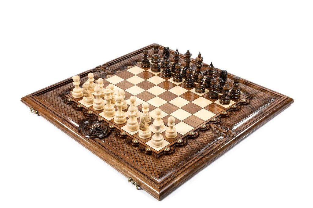 Classic wooden chess set and backgammon board made of solid walnut wood 23.6 inch