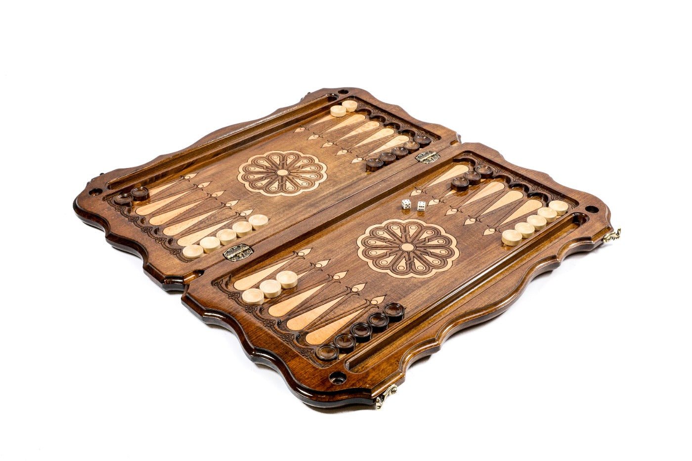 Wooden backgammon board with Rococo inspired decorative crown motif