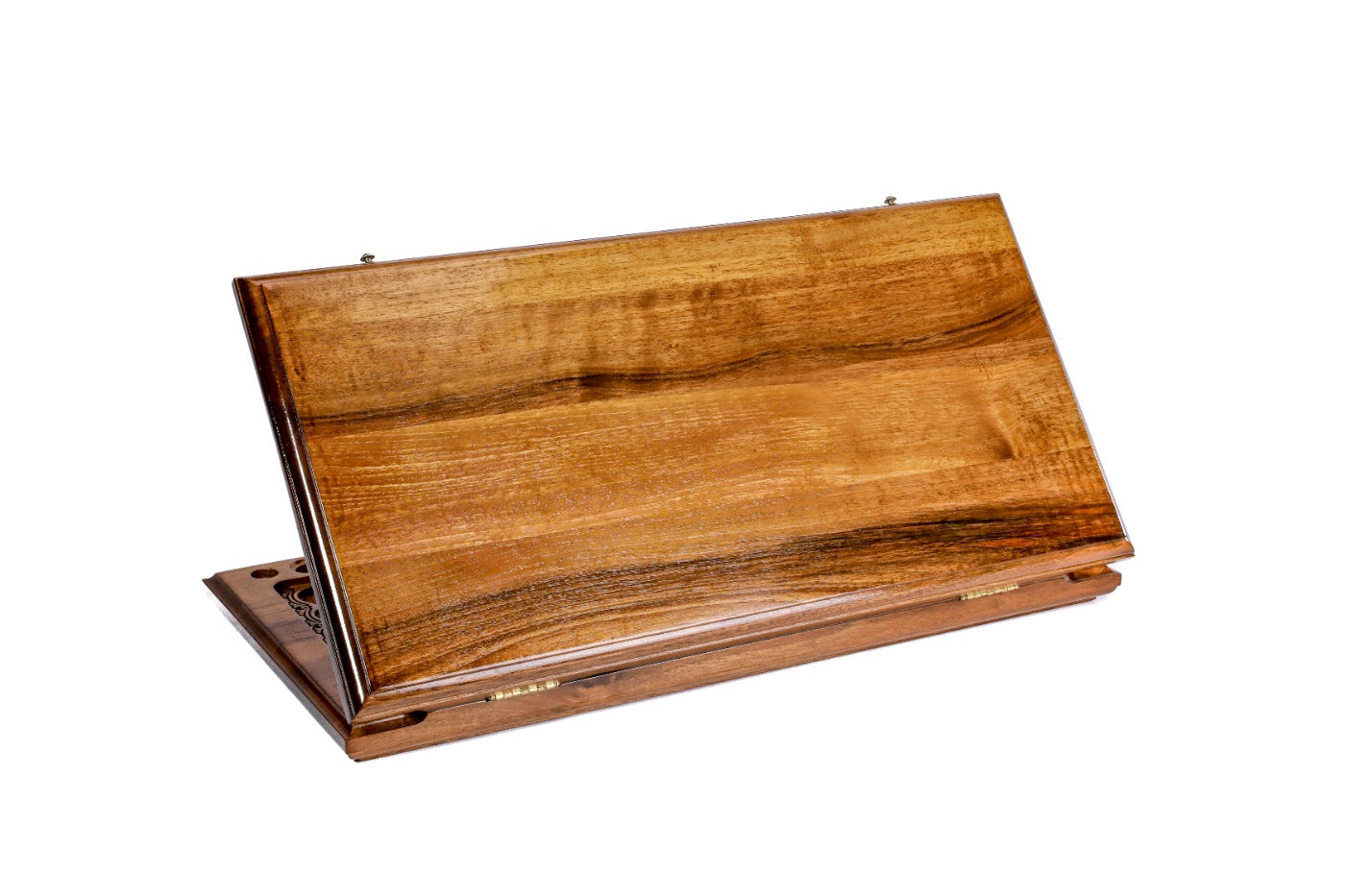 Exterior view of the classic wooden backgammon board showcasing the clean, traditional design.