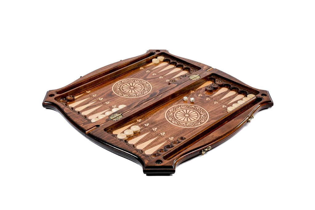 Wooden chess and backgammon set walnut finish natural grain luxury board