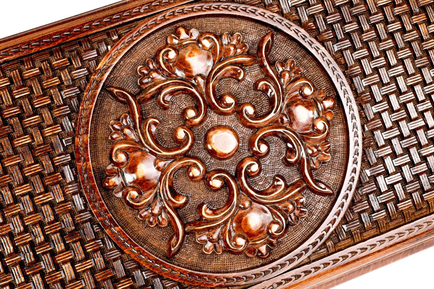 The interior view of the open Hrachya Ohanyan braid set highlighting the smooth wood grain and professional-grade playing surface.