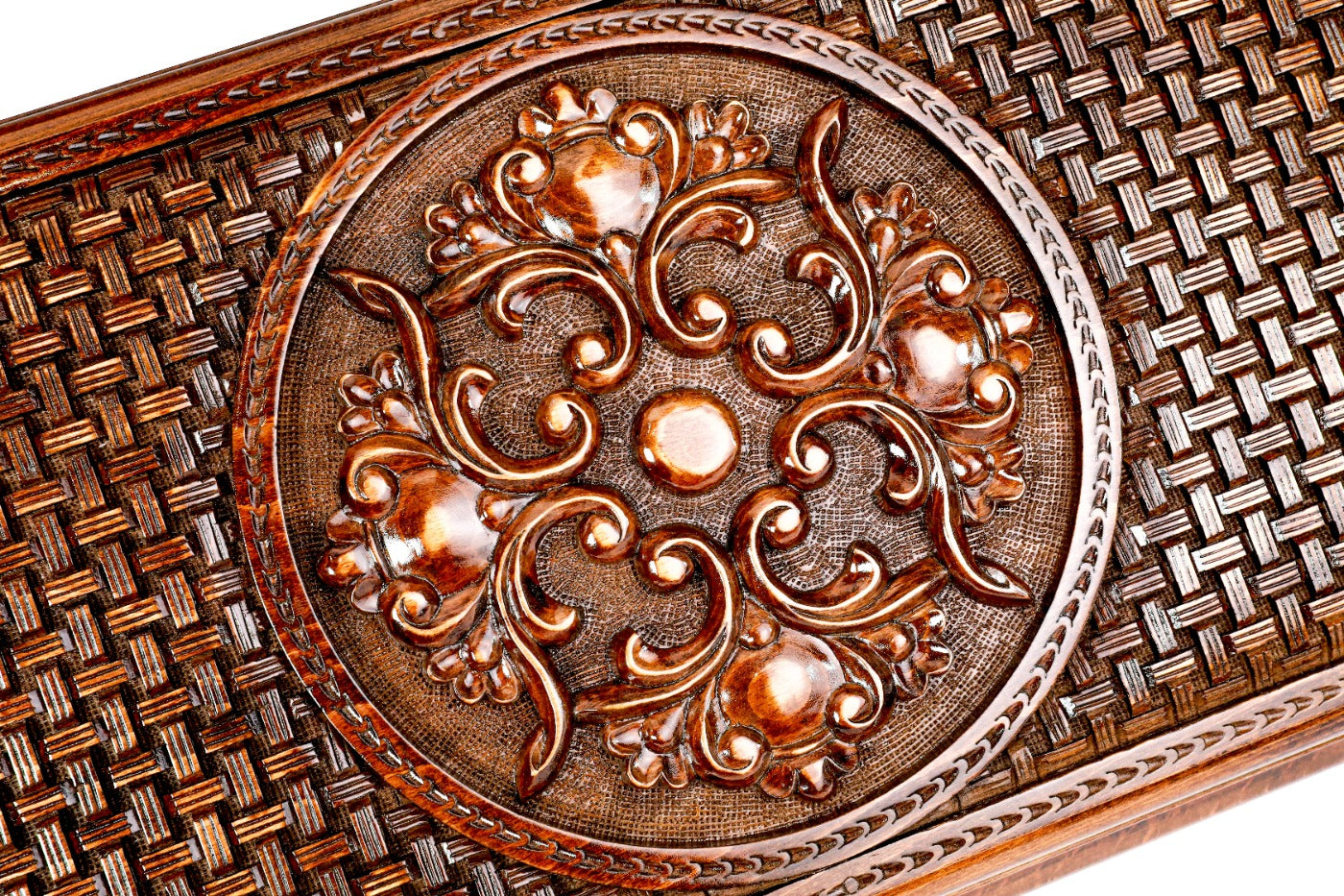 The interior view of the open Hrachya Ohanyan braid set highlighting the smooth wood grain and professional-grade playing surface.