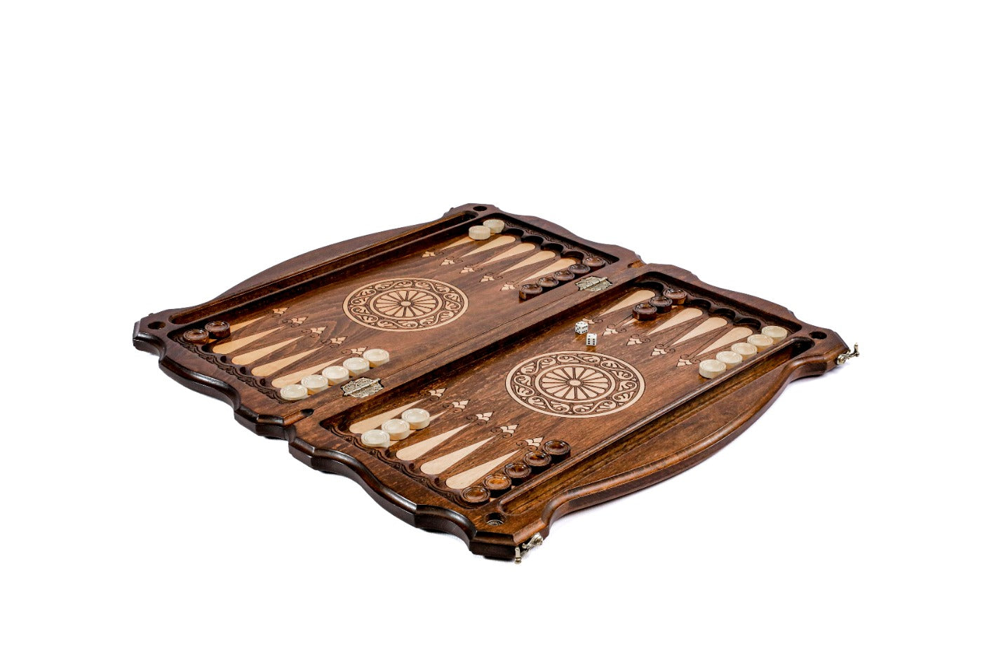 Close-up of the carved deer design and precise wood finish on this classic backgammon set.