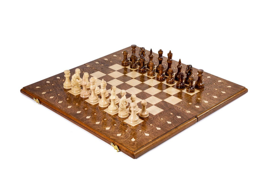 Handmade ornamental wooden chess set and backgammon board 23.6 inch