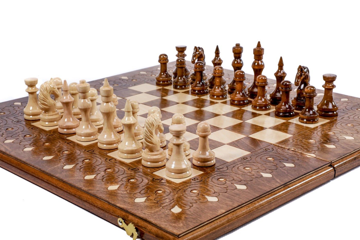 Large chess board with carved ornamental detailing and handcrafted design