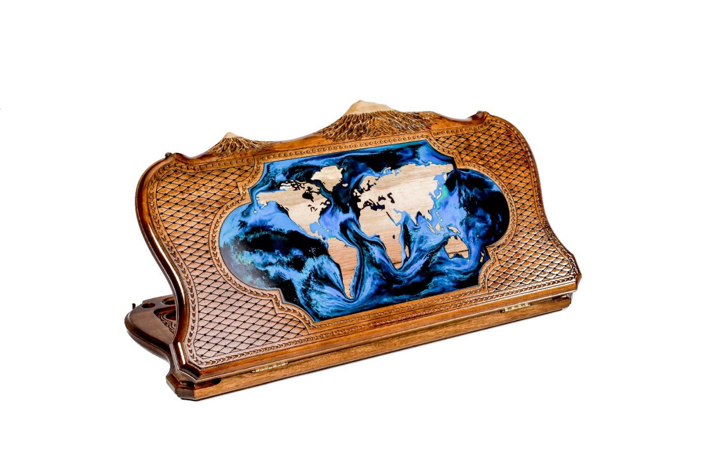 World map epoxy wooden backgammon board with Mount Ararat outline design