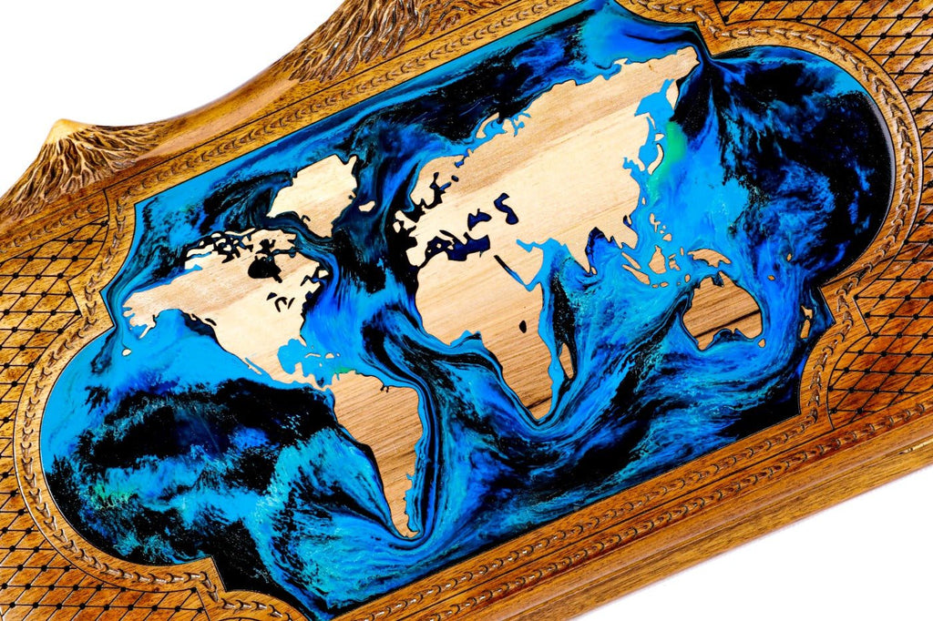 Luxury backgammon board with global map epoxy resin and Ararat silhouette
