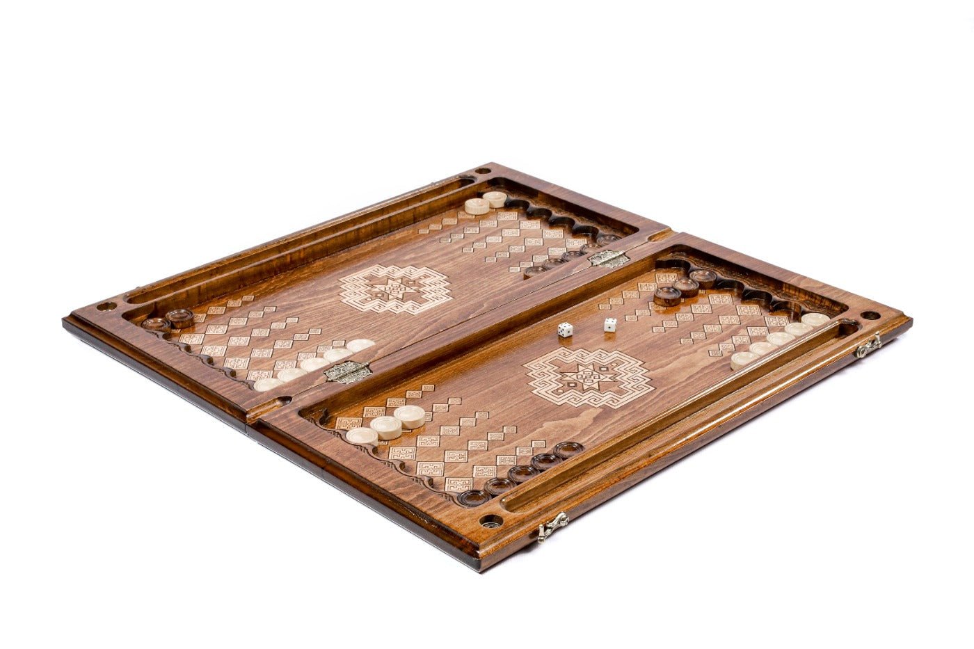 Premium artisan chess and backgammon set with carpet inspired artwork