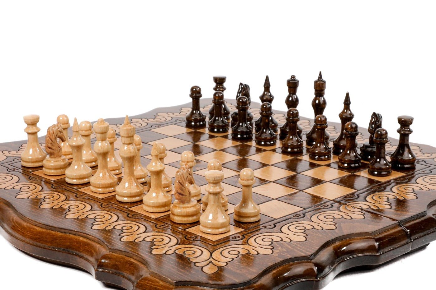 Wooden chess board featuring detailed custom carved outline craftsmanship