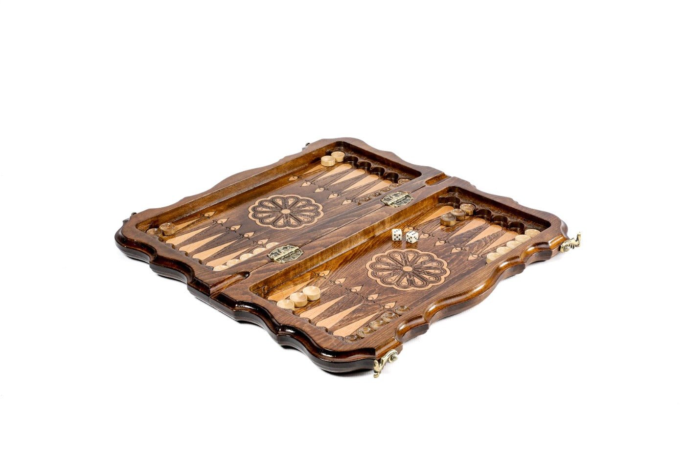 Compact handcrafted chess set with personalized contour artwork and backgammon board